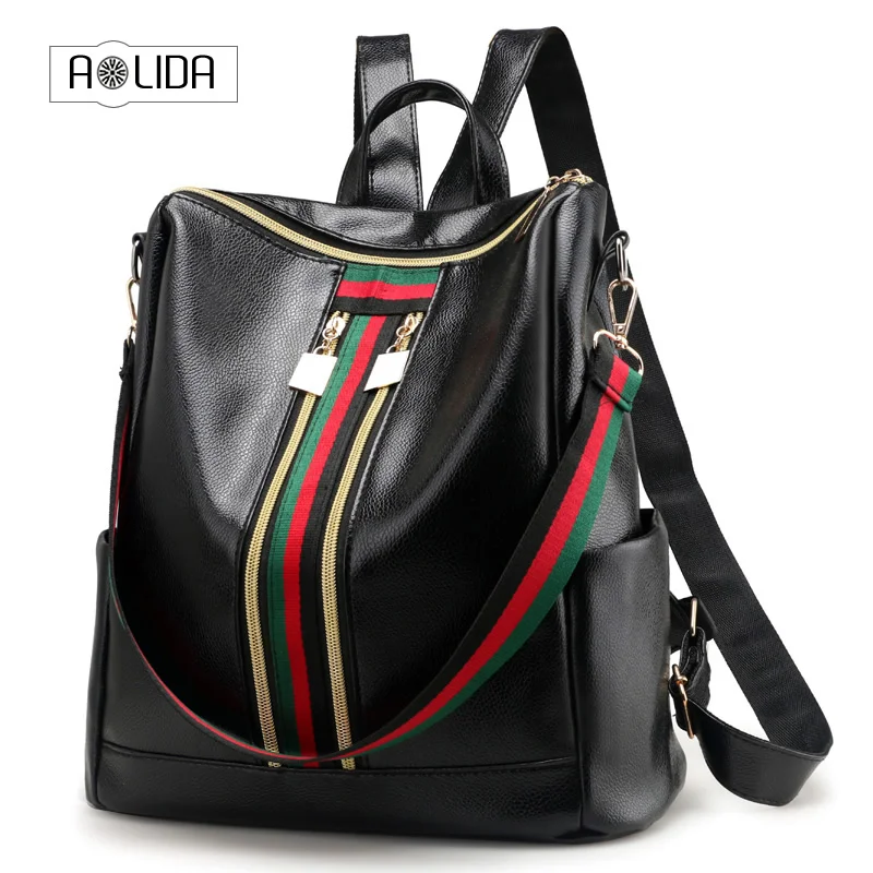 

Women Travel Backpack Coloured ribbon Ipad Backpacks Leisure Student Schoolbag Soft Black PU Leather girls Shoulder Bag