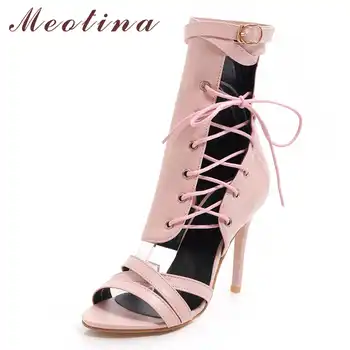 Meotina Women Gladiator Shoes Summer Sandals Buckle Stiletto High Heel Shoes Zip Cross Tied Open Toe Party Sandals Lady Size 46