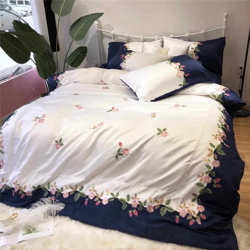 

Luxury Washed Silk Cotton Fresh Pastoral Bedding Set Embroidery Duvet Cover Set Bed Sheet Pillowcases Queen King size 4pcs