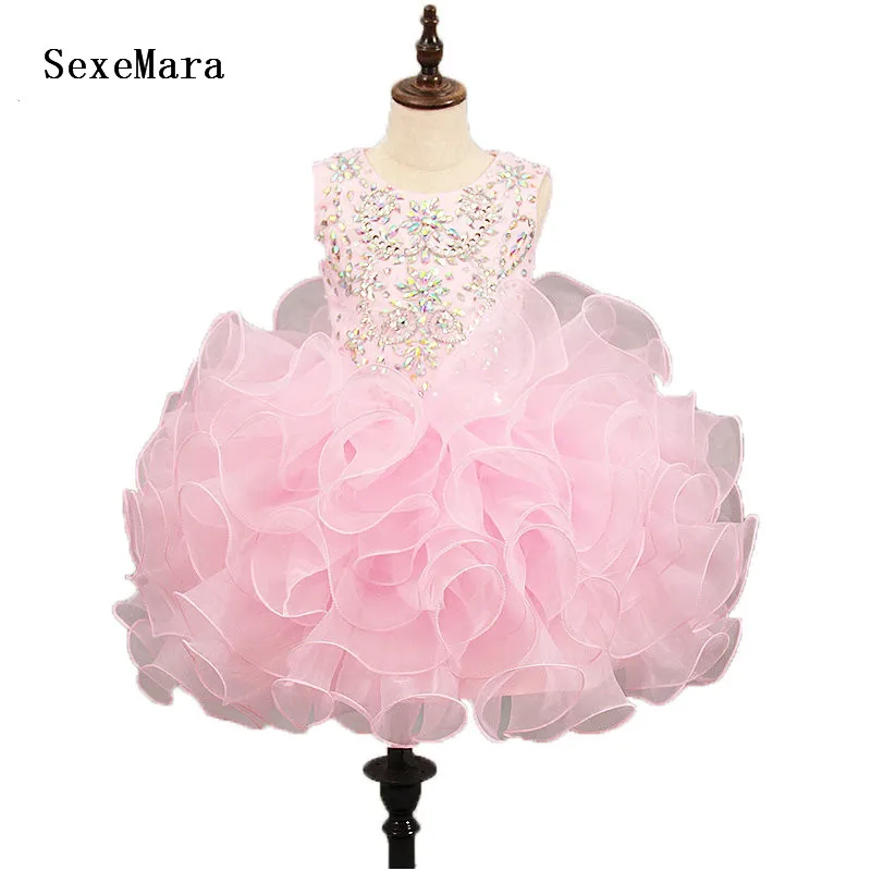 

Real Photos Pink Baby Girls Birthday Dresses Crystals Beadings Organza Short Flower Girl Dress Girl Pageant Dress