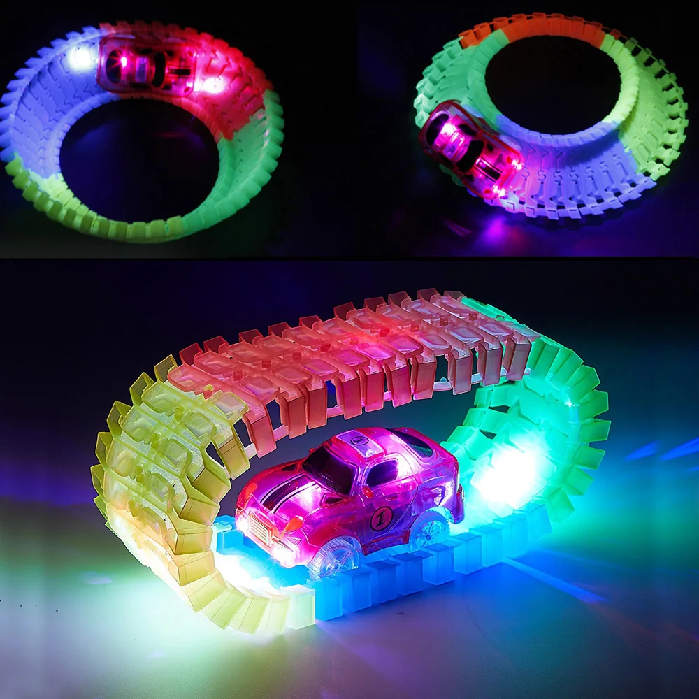 166Pcs Race Track Set with LED Toy Car Glowing in the Dark Flexible Assembly Train Race Series for Kids Children