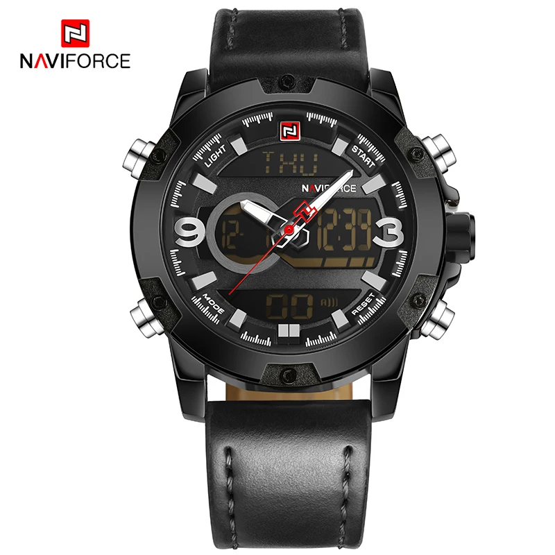 AllBlack Топ Элитный бренд NAVIFORCE для мужчин Аналоговый Цифровой кожа спортивные часы для мужчин Военная Униформа наручные кварцевые часы Relogio Masculino - Цвет: AllBlack