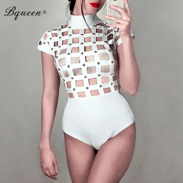 Bqueen Sexy Bandage Club Party Women Bodysuits Hollow Out Rivet Skinny Romper Solid Fashion Summer Party Club Bodysuits 2017 Bqueen Sexy Bandage Club Party Women Bodysuits Hollow Out Rivet Skinny Romper Solid Fashion Summer Party Club Bodysuits 2017