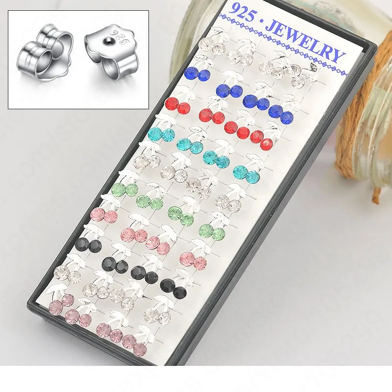

Lovely Cute Cherry Design Austria Crystal With 925 Sterling Silver Woman Girl Stud Earrings 8 Colors Shiny Jewelry 80PCS Lot