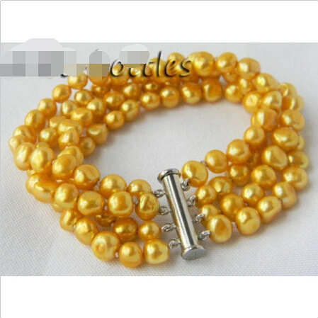 

4Strands 8'' Golden Baroque Freshwater Pearl Bracelet @^Noble style Natural Fine jewe FREE SHIPPING