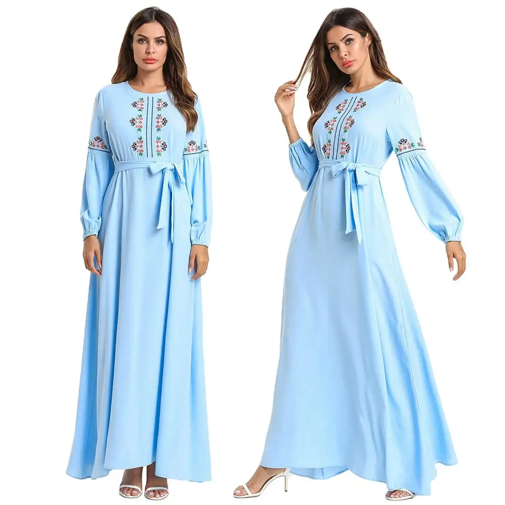 Мусульманское арабское платье абайя, женское винтажное платье с длинным рукавом и вышивкой, длинное платье с поясом, мусульманское турецкое платье на Ближний Восток, Дубай, Абая s, Новинка - Цвет: Синий