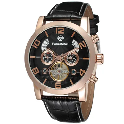 Мужские часы Forsining с турбийоном и календарем, мужские часы с автоматическим перемещением, ремешок из натуральной кожи, лучшие продажи, наручные часы - Цвет: Rose Black