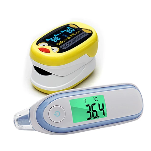 BOXYM детский Пальчиковый Пульсоксиметр и детский инфракрасный термометр для ушей и лба детский измеритель насыщения oximetro SpO2 - Цвет: Blue