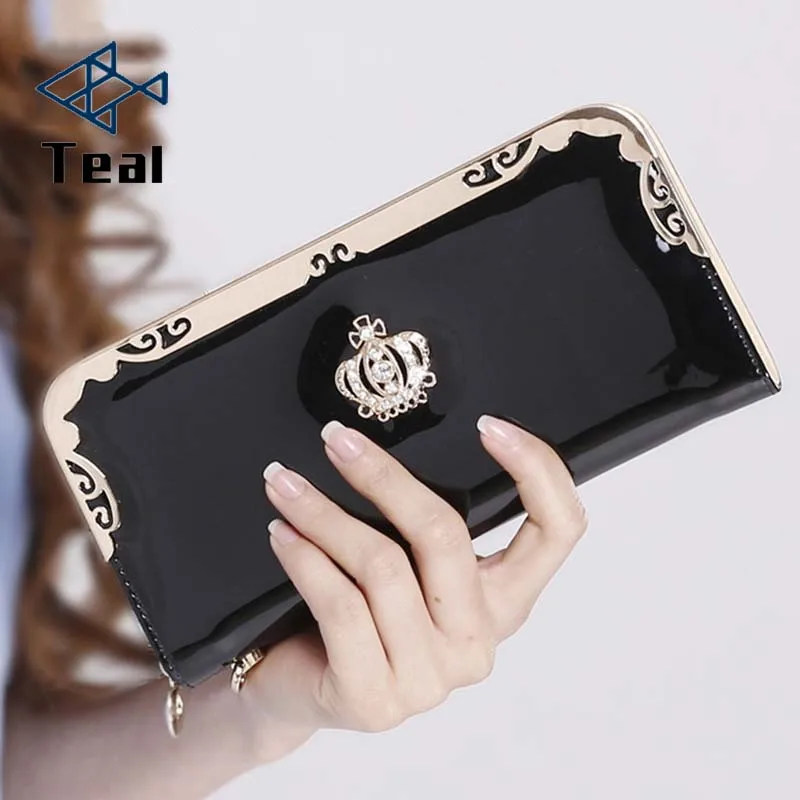 

2019 Women Wallet Purse Lady Long Crown Purse Zipper Patent Leather Crown Wallet Large Capacity Zipper Female Wallets