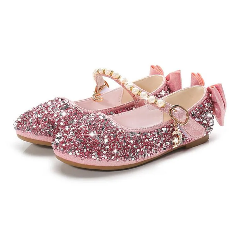Модные туфли из искусственной кожи с жемчужинами и блестками бантом бабочкой для
