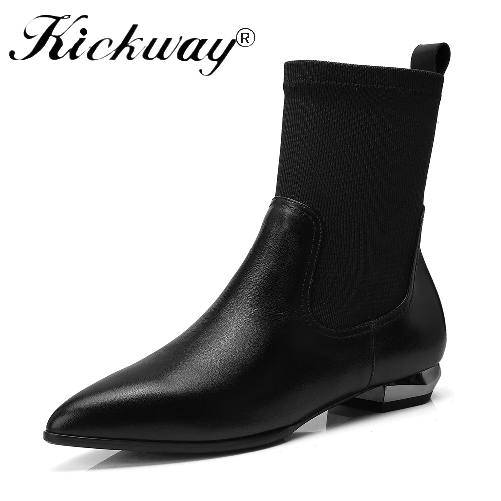 

Kickway Ankle Elastic Sock Boots Black Chunky med Heels Stretch Women Sexy Booties Pointed Toe Women Pumps Botas Plus Size 34-42