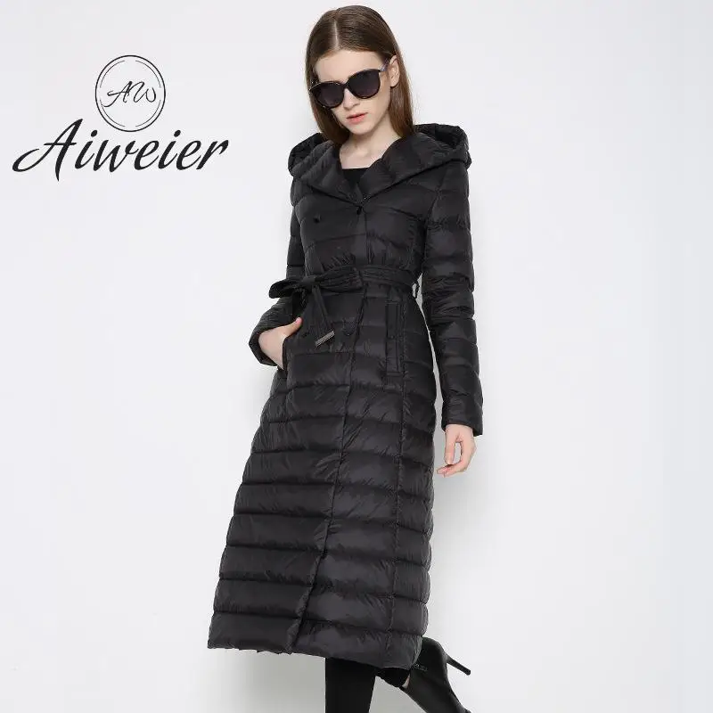 

[Aiweier] New Autumn Winter Long Woman Down Jackets Parkas Vests Linght Hooded Thin Belt Solid Womens Down With Fur Coats HXD032