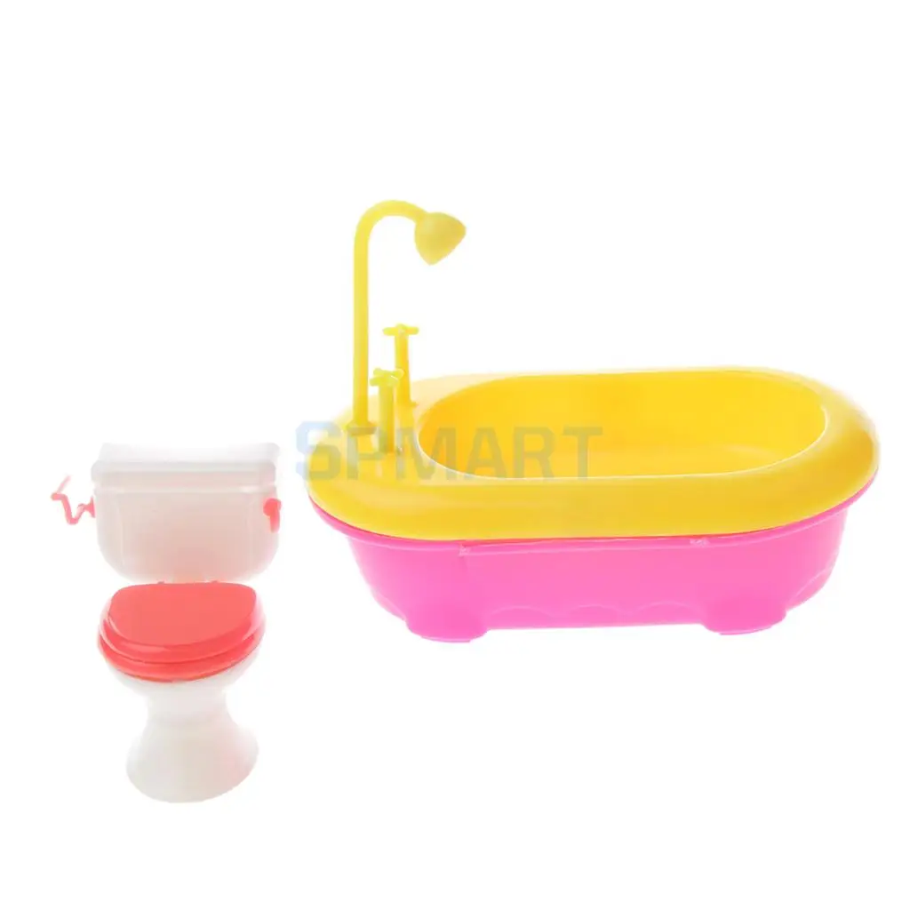 MagiDeal 1/6 Miniature MIni Bathtub+Toilet Model Dollhouse Furniture for 12 Inch Dolls Action Figures Accessory Children Toys