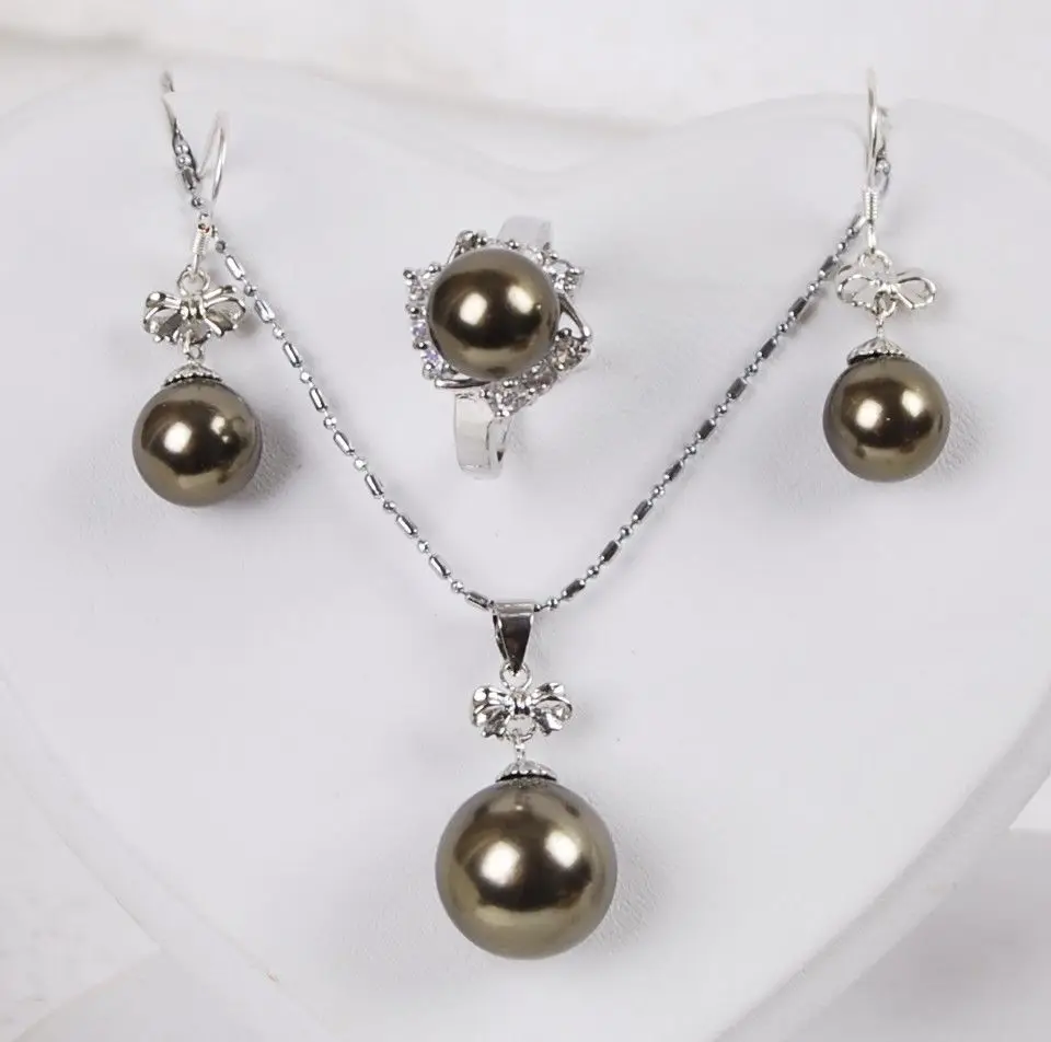 

South Sea Brown Shell Pearl Ring Earrings Pendant Necklace Set ^^^@^Noble style Natural Fine jewe FREE SHIPPING