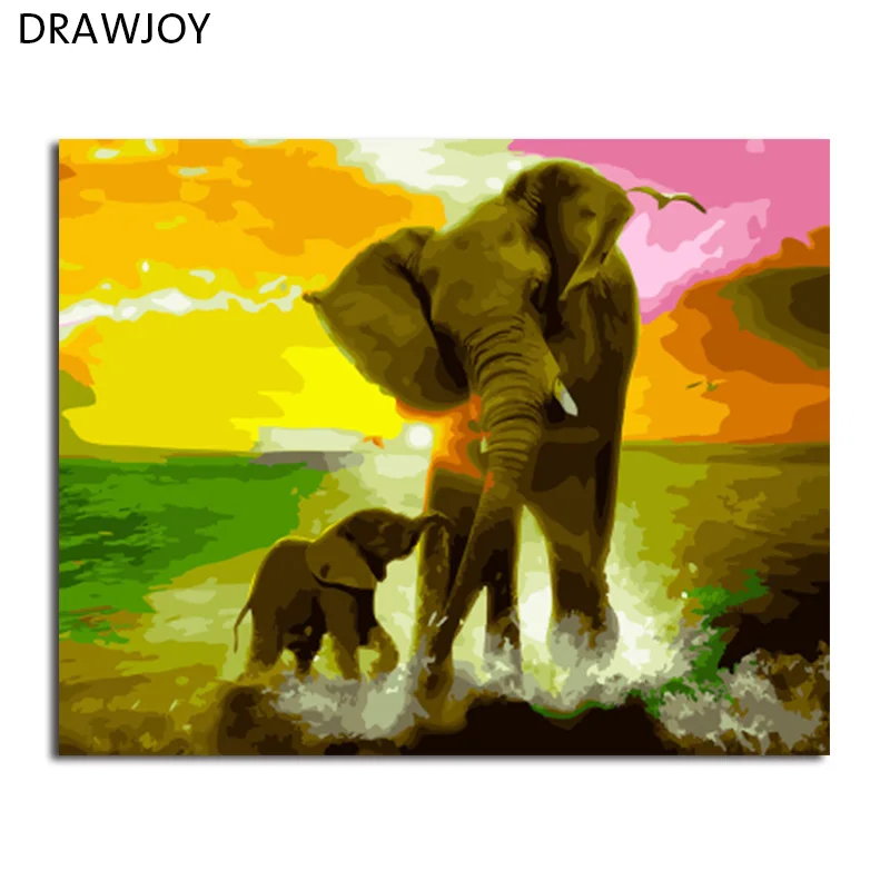 

DRAWJOY Framed Picture DIY Painting By Numbers Painting & Calligraphy Of Loely Animals Elephants Coloring By Numbers