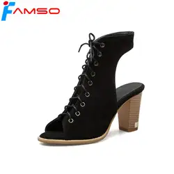 FAMSO/Size34-43 2019 г. новые женские босоножки черные сандалии-гладиаторы на толстом каблуке со шнуровкой туфли-лодочки на пятке летние сандалии