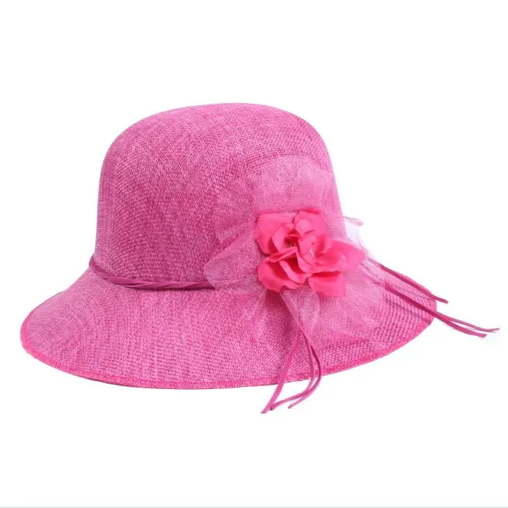 Модная женская льняная летняя шляпа с широкими полями и цветочным рисунком, складные одноцветные шляпы для защиты от УФ-лучей - Цвет: hot pink