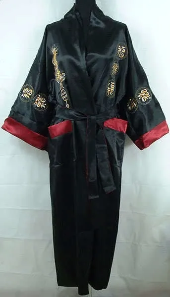 Бургундия черный Реверсивные китайских Для женщин сатин Двуликий халат Вышивка кимоно Ванна платье Дракон один размер S3003 и