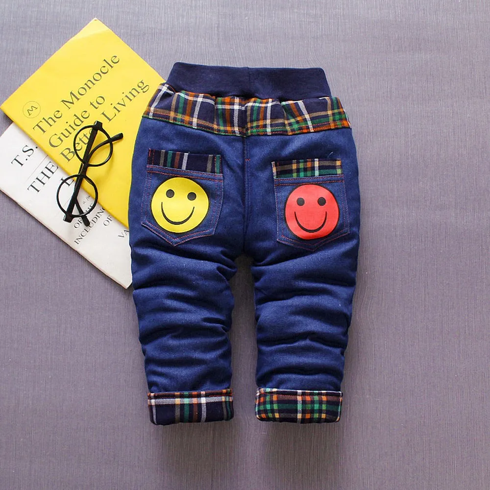 MUQGEW/джинсы для маленьких девочек плотные джинсы для маленьких девочек и мальчиков с рисунком смайлика, машины и надписью теплые брюки, штаны джинсы, jardineira,# y2
