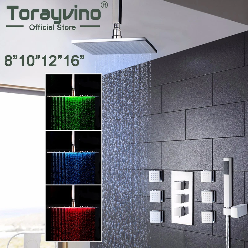 Torayvino Ванная комната 8 10 12 16 дюймов светодиодный хромированный смеситель для душа