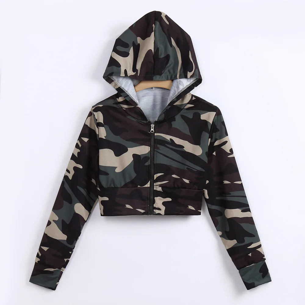 

Fleece Hoody Womens Fashion Camouflage Cropped Hoodies Women Print Shirt Long Sleeve Blouse Hooded Short Sexy Crop Top Clothes