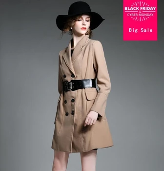 

New fashion Women Double-Breasted Wool Trench Coat Wool Slim Coat With Belt spring autumn Coat elegant outwear G17