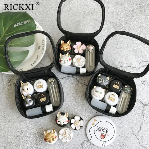Lentes de Contato Estojo para Mulher com Bolsa Pares Moda Bonito Claro Espelho Raposa – Coelho Gato Lentes Recipiente Titular Viagem Kit 2