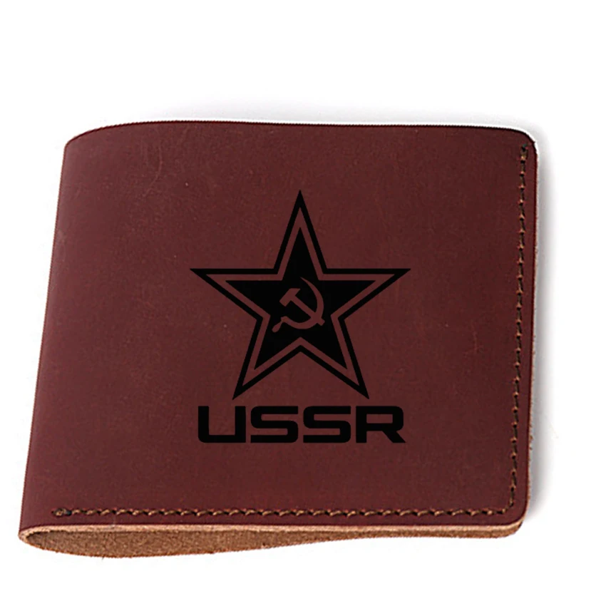 

Engraved Russia USSR Star Mini Wallets Genuine Leather Card Wallet Soviet Union Thin Purses Hasp Credit Card Money Holders purse