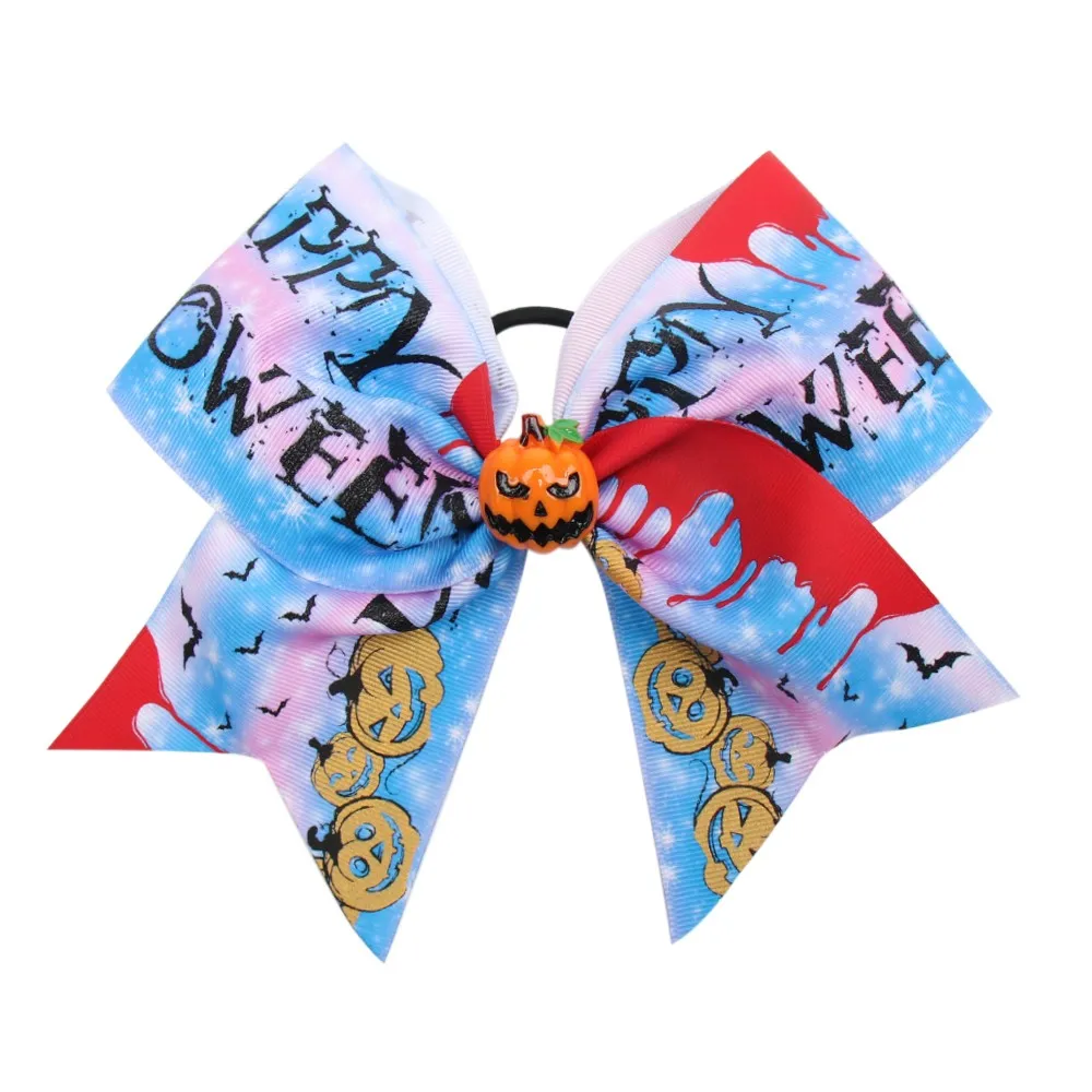 7 Inch Cheer Bows Halloween Hairbows Elastic Hair Bands Girls Ponytail Holder Printed Bowknot Ribbon Hair Accessories