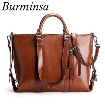 

Burminsa Ladies Genuine Leather Bags Big Oil Wax Office Tote Vintage Briefcase Female Handbags Shoulder Messenger Bags For Women