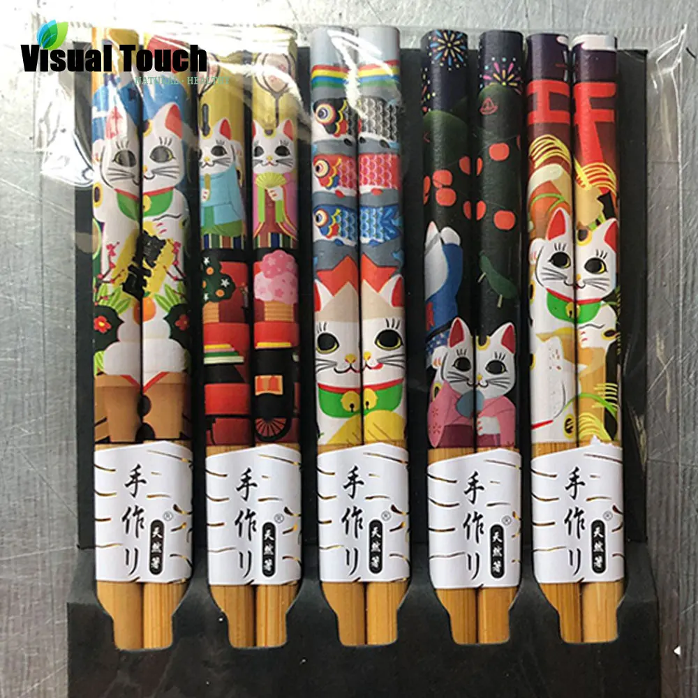 Визуальный сенсорный набор из 5 предметов, палочки для еды из бамбукового дерева с изображением счастливого кота, многоразовая посуда, столовая японская палочка для еды, палочки для суши