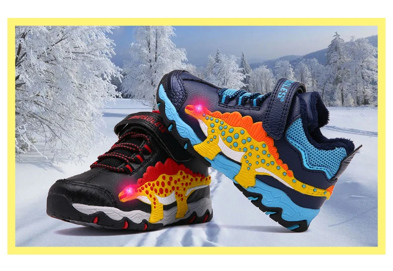 Dinoskulls/детские ботинки для мальчиков; детская зимняя теплая обувь; флисовая зимняя обувь; туфли со светодиодной подсветкой для мальчиков; зимние ботинки; botas 27-34