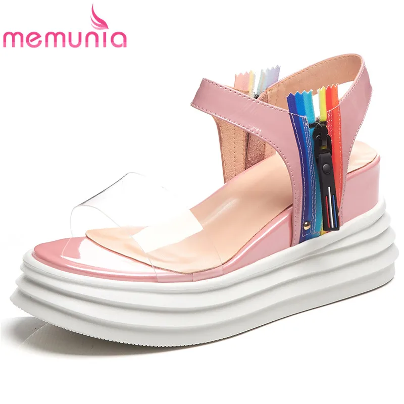 

MEMUNIA 2019 Sweet genuine leather sandals women summer shoes platrorm ladies sandals wedges shoes zip candy color female shoes