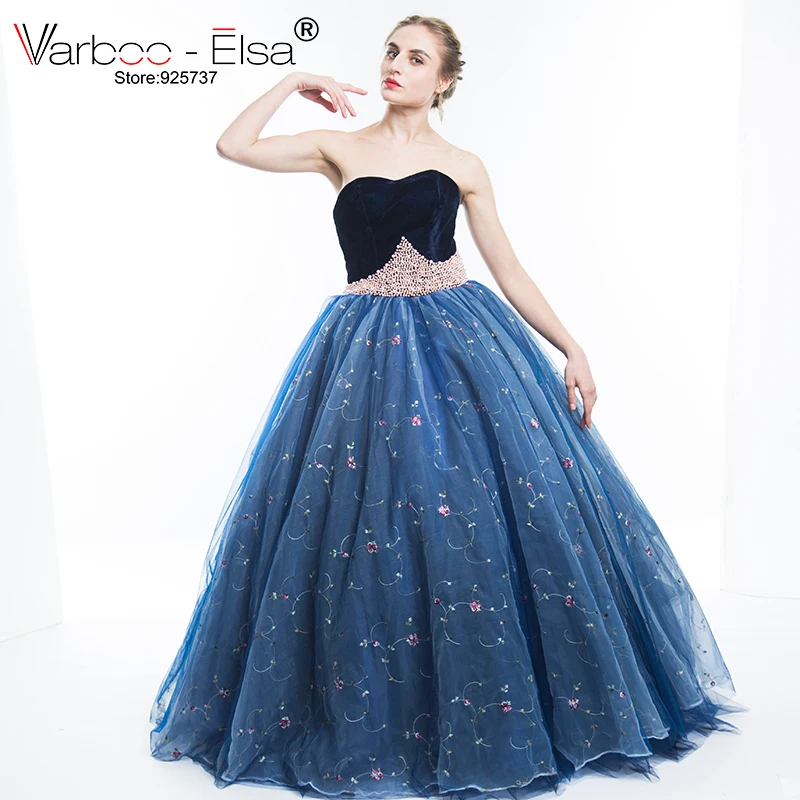 

VARBOO_ELSA Luxury Pearl Beading Evening Dress 2017 Sleeveless Strapless Tulle Evening Gown Blue Embroidery Arabic Prom Dress