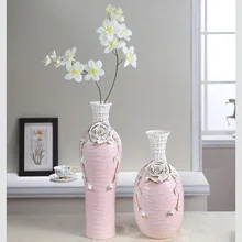 Handmade Carving hollow Ceramic pink flower vase Gold painting fashion floor decoration vase