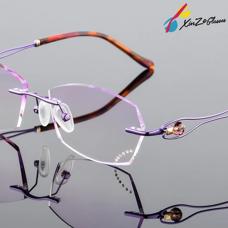 

XINZE Titanium Eyeglasses Diamond Trimming Cutting Rimless Eyeglasses Prescription Optical Glasses Frame for Women Eyewear 6812