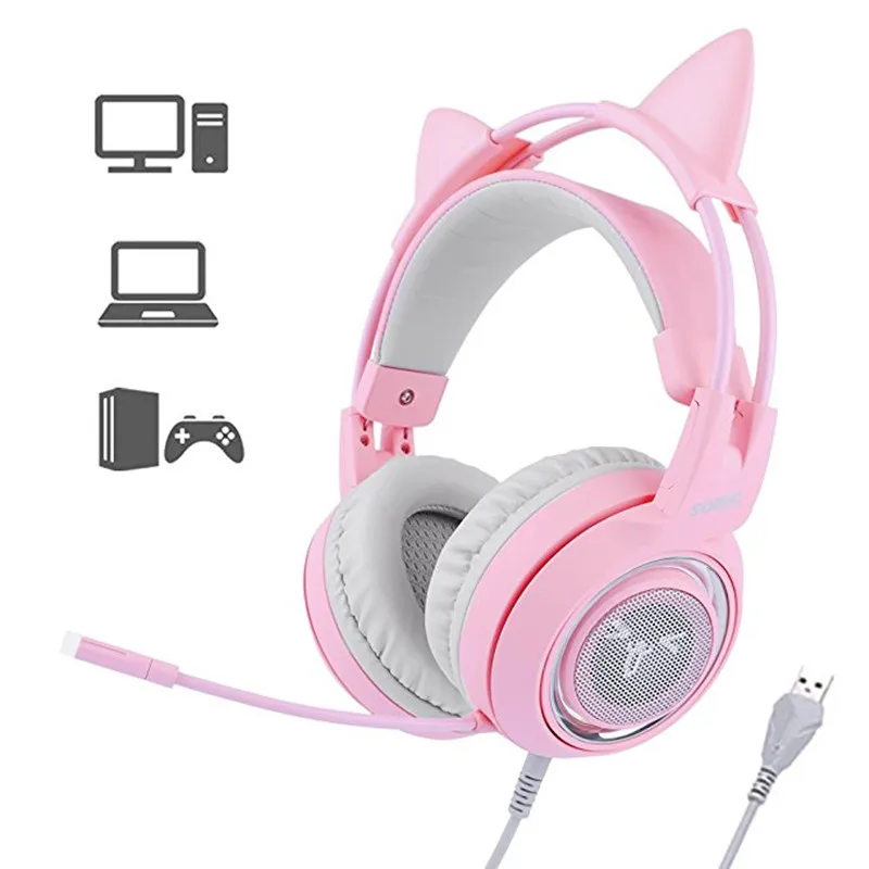 SOMIC G951 Gaming Headset USB 7 1 Virtual Surround Sound Headsets LED Cat Ear Headphones With Mic For Computer PC for Women Kids