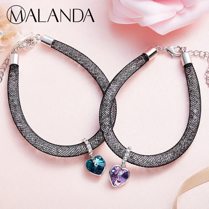 

MALANDA Brand Design Mesh bag Metal Bracelets For Women Heart Crystal Pendant Crystal From Swarovski Weddings Jewelry Girl Gift