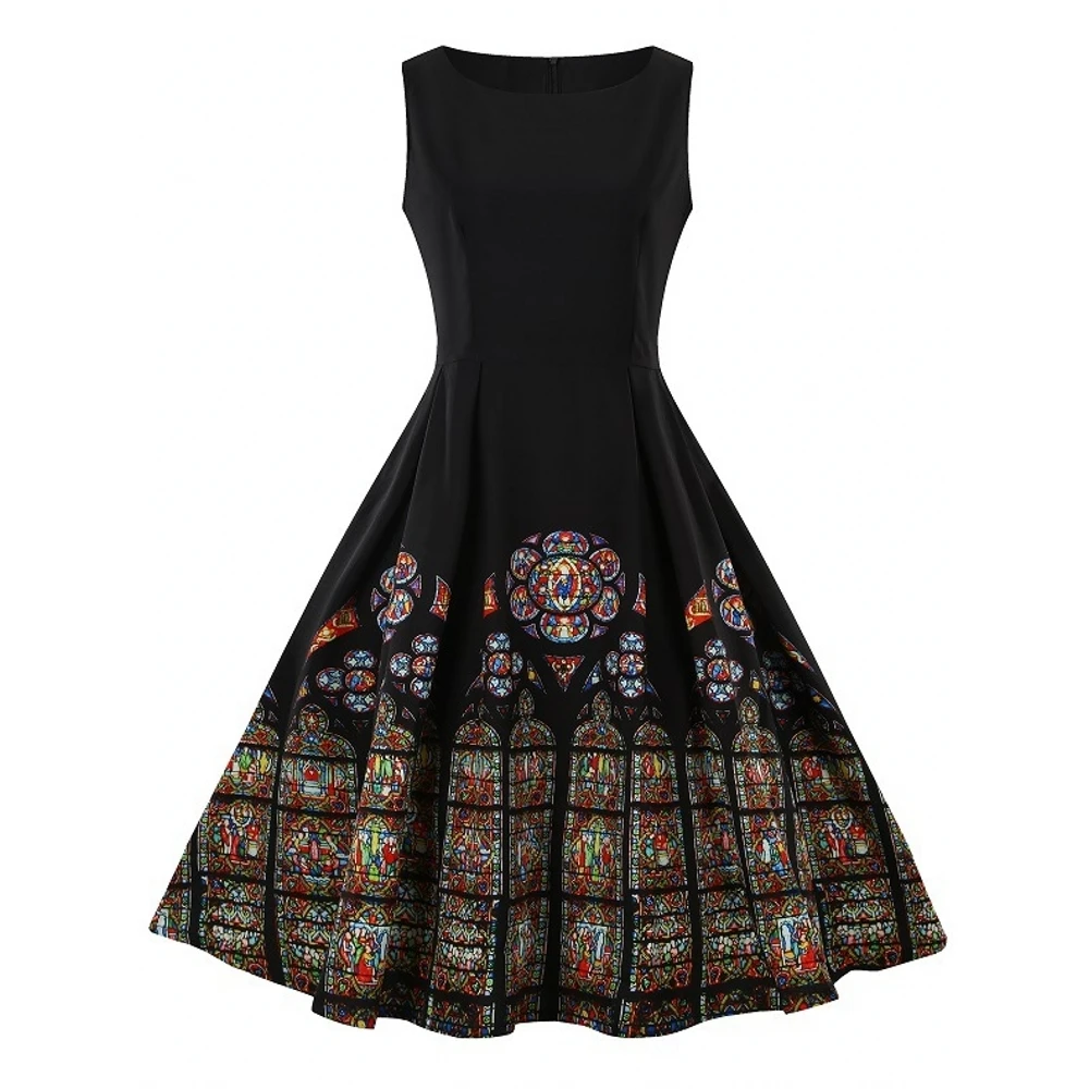 

Women Summer Dress Sleeveless Motif Print Elegant Office Lady Party Dress Slim Sexy A-Line 1950s Vintage Midi Dresses Girl 2019