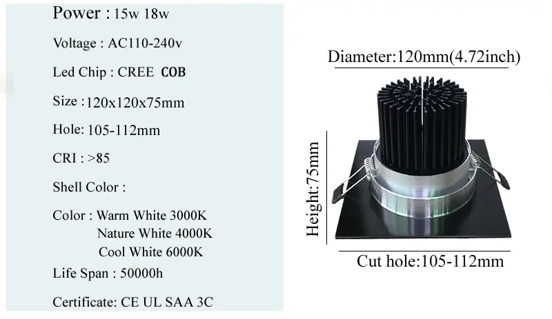 4,72 дюймов-120 мм 15 Вт 18 Вт Cob светодиодный светильник матовый черный светодиодный точечный легкий монтаж Модернизированный углубленное крепление для освещения CE UL