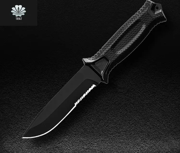 1500 черный/хаки охотничий нож с ручкой 12C27 стальное лезвие, резиновая ручка, тактический нож походные ножи с оболочкой дропшиппинг - Цвет: Partial sawtoot