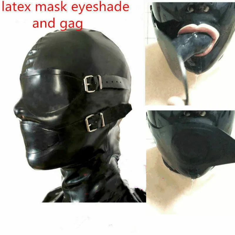 

Sexy Latex Mask Rubber Full Enclosure Hood Rubber Hood with Eyeshade and Gag eyes cover and mouth Gags with back zipper