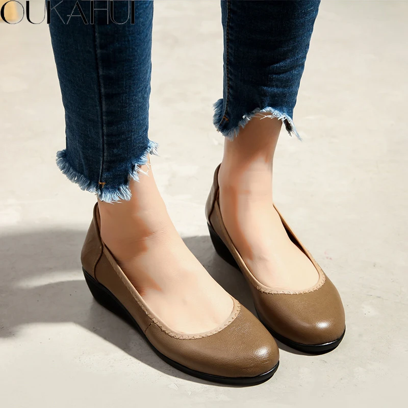 

OUKAHUI Spring Autumn Handmade Retro Genuine Leather Flat Shoes Women 2019 Ballet Flats Leather Solid Soft Slip-on Shoes Woman
