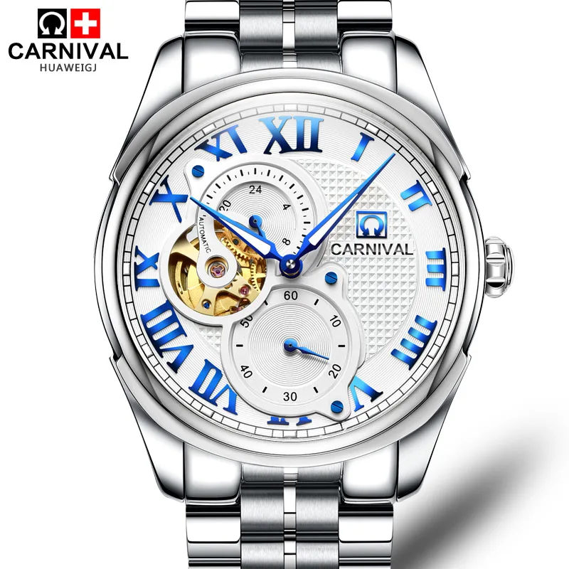 

Carnival Watch Men skeleton Automatic Mechanical Luminous Gold Stainless Steel Waterproof Black Watches