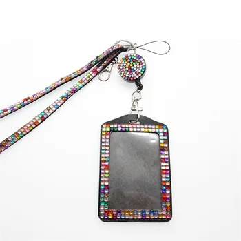

10 pieces free shipping Wholesale Rhinestone Retractable Id Badge Holder with lanyard ID Card Holder
