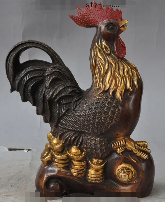 

9" chinese bronze fengshui animal Rooster Cock wealth yuanbao money ruyi statue