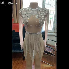 Женская одежда, горячие сексуальные костюмы, Сетчатое боди, блестящие стразы, цепи, бахрома, клубный сценический костюм, прозрачный комбинезон с кристаллами