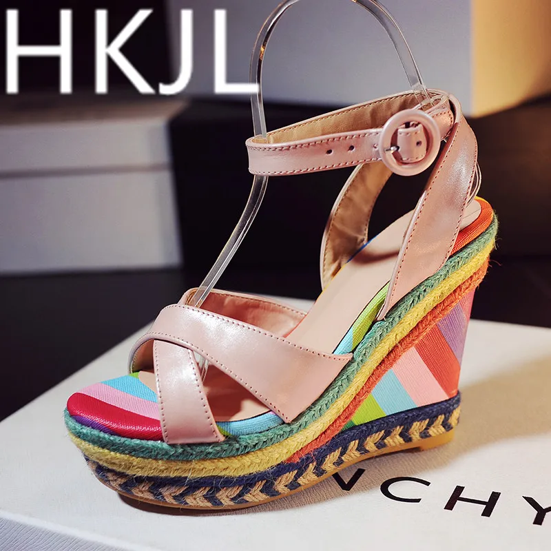 

HKJL Summer 2019 new leather woven weaved sandals with ultra high heel with matching color fashion fish mouth shoes Q009