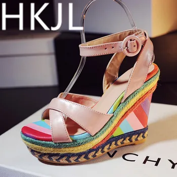

HKJL Summer 2019 new leather woven weaved sandals with ultra high heel with matching color fashion fish mouth shoes Q009