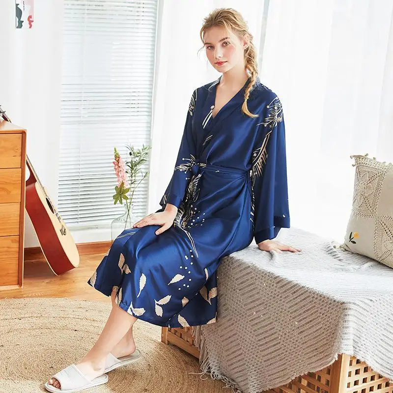 Casual Female Home Wear Nightgown Summer Kimono Bathrobe Sexy Bride Wedding Robe Printed Flower Satin Sleepwear Sleep Dress - Цвет: Robe Navy Blue